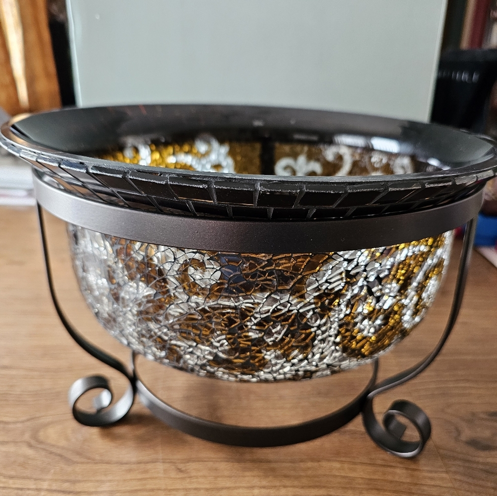 Vintage PartyLite P90945 Amaretto Swirl 3-Wick Glass Mosaic Bowl & Iron Stand